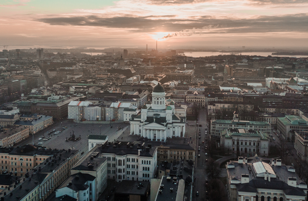 Aerial View of City during Sunset